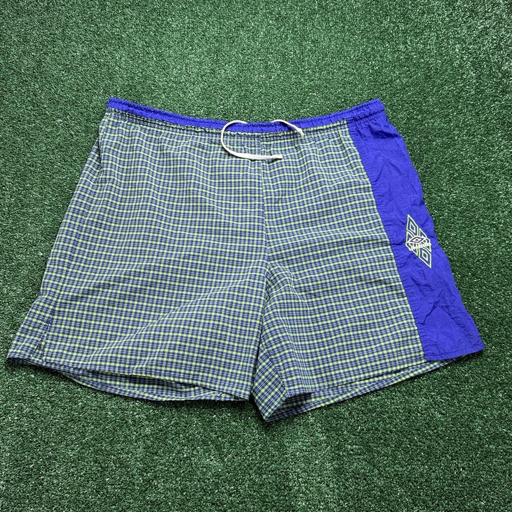 Vintage 90s Umbro Shorts Men's Blue Plaid Embroidered Retro Size 2XL